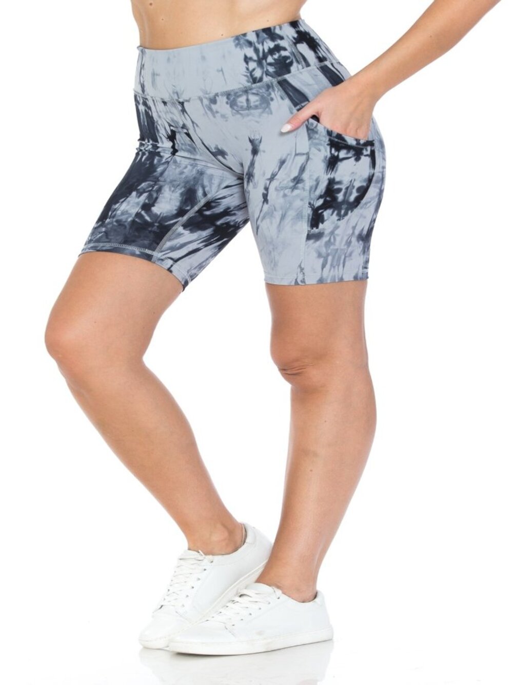 Womens Premium 8" Inseam Bike Shorts w/Pockets Sizes S-XL Grey/Blk Tie Dye